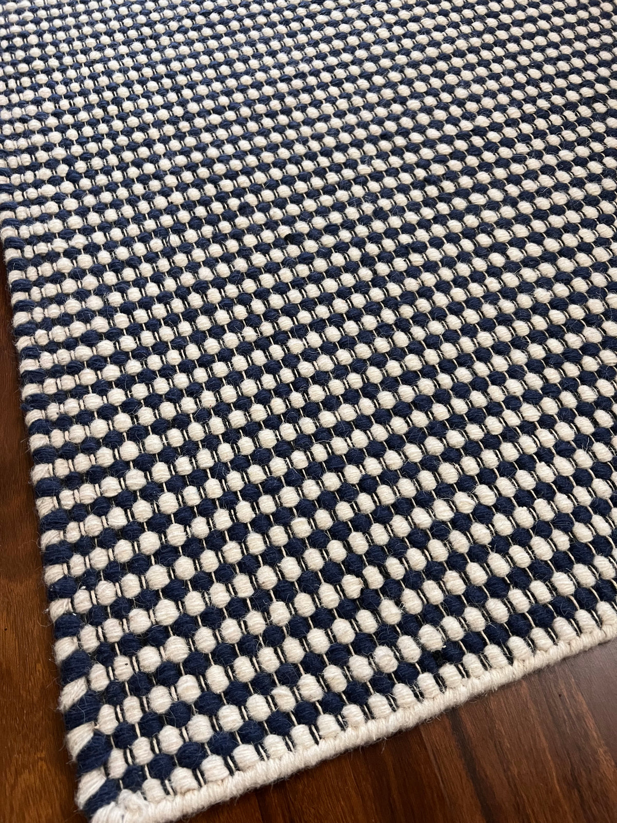 Handmade Navy & White Eye Ball Flatweave Rug – 2' x 3'