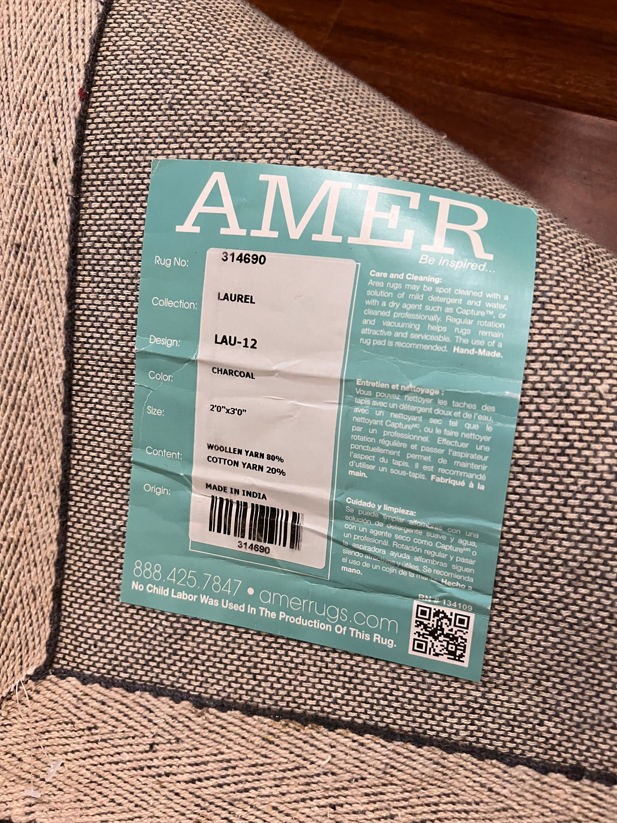 AMER Laurel Charcoal Handmade Wool Blend Rug – 2' x 3'