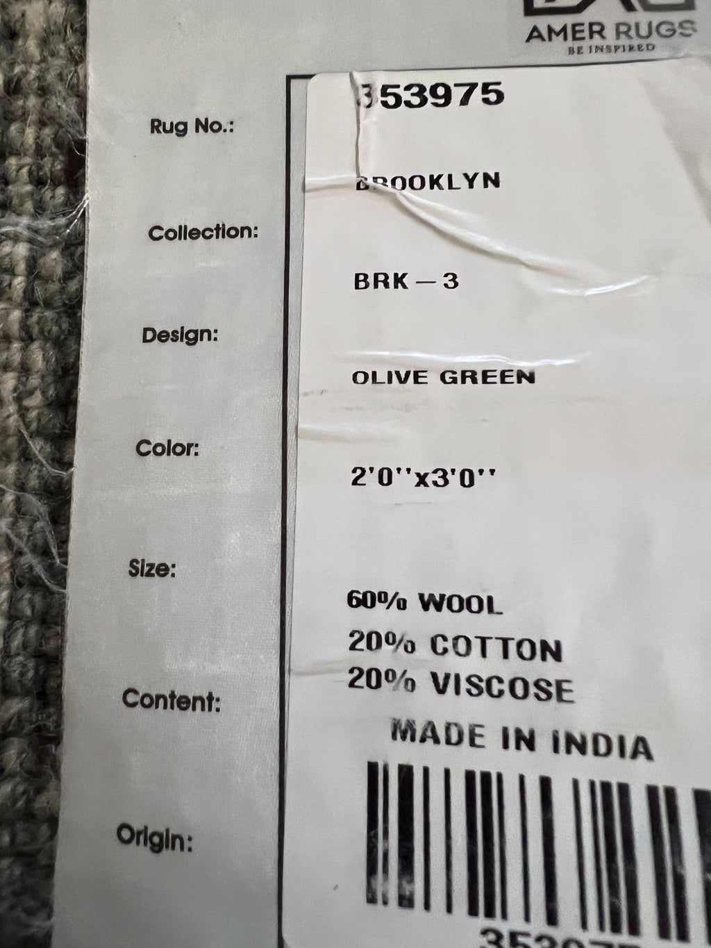 Amer Rugs Brooklyn BRK-3 Handmade Olive Green Rug – 2’ × 3’