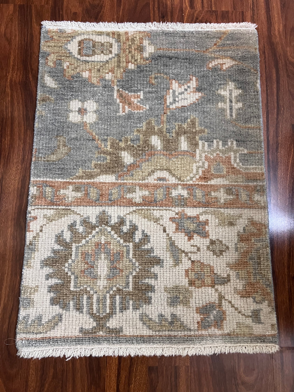 Handmade Blue, Ivory & Rust Floral Accent Rug – 2’ × 3’