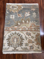 Handmade Blue, Ivory & Rust Floral Accent Rug – 2’ × 3’