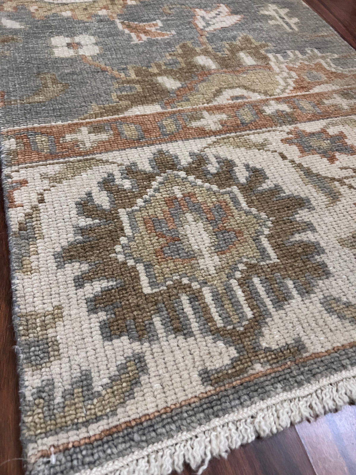 Handmade Blue, Ivory & Rust Floral Accent Rug – 2’ × 3’