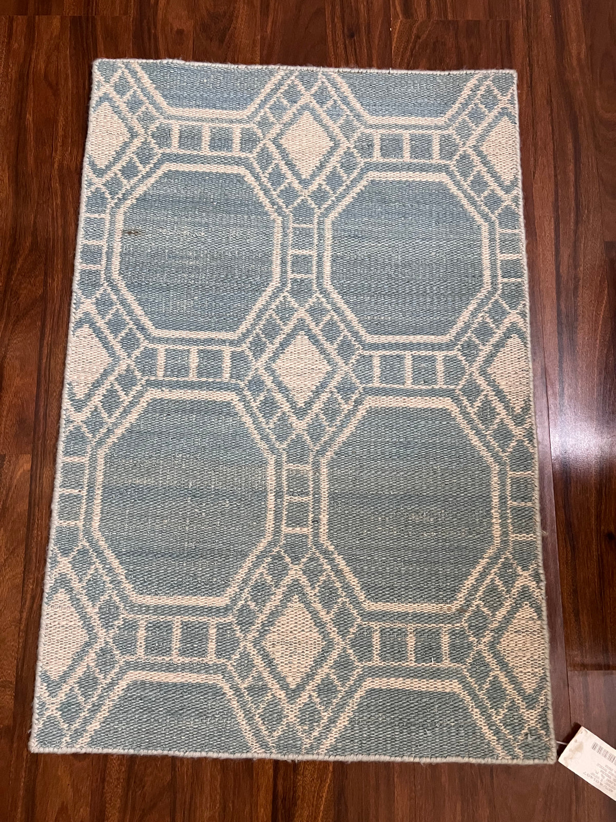 Handmade Blue & Ivory Geometric Rug – 2’ × 3’
