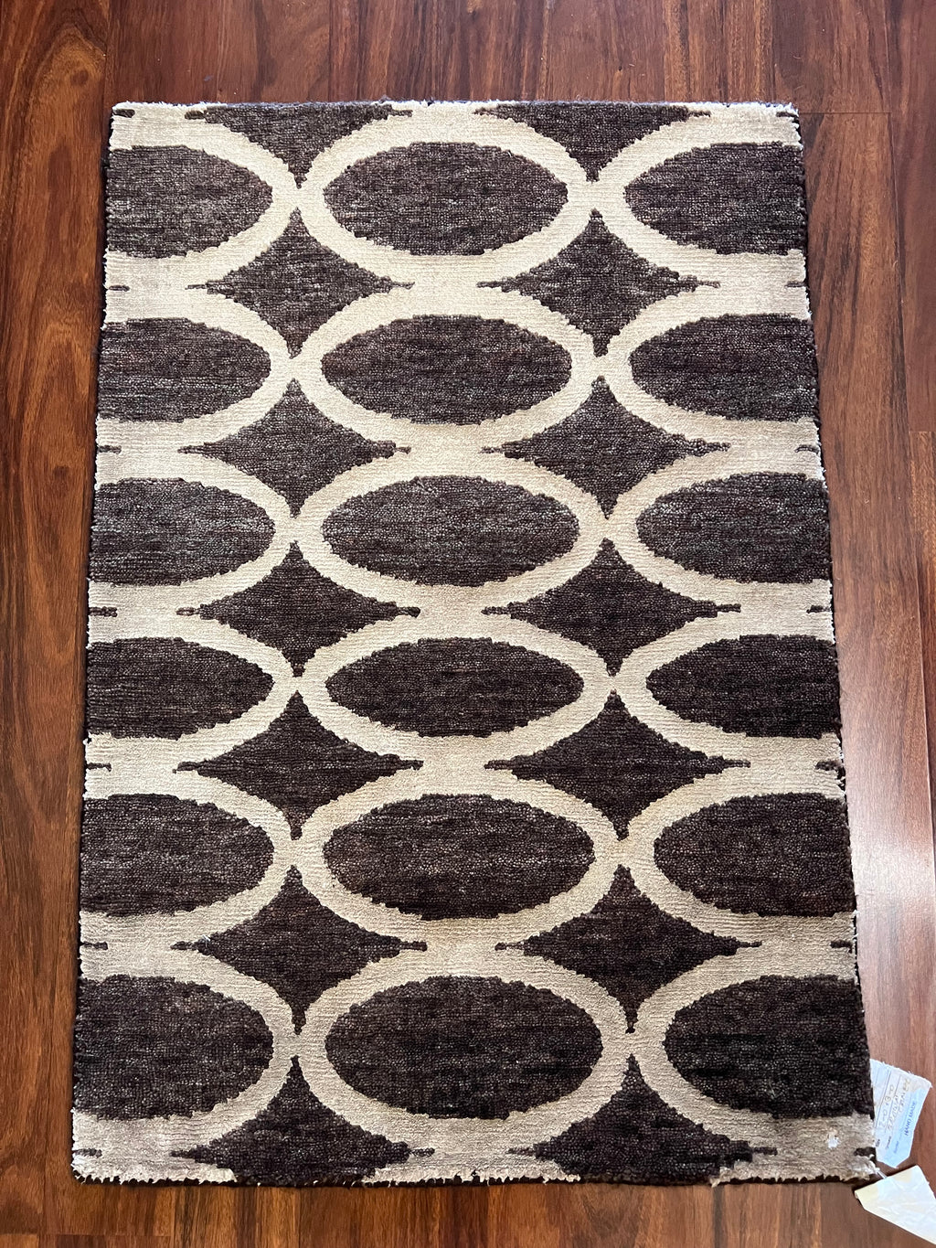 Handmade Brown & Cream Oval Pattern Wool Rug – 2’ × 3’