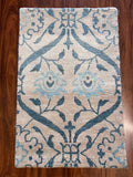 Handmade Blue & Ivory Floral Wool Rug – 2’ × 3’