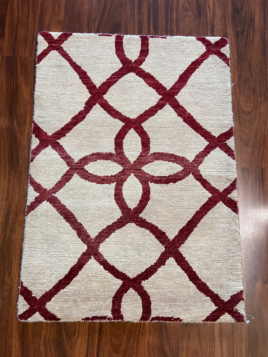 Handmade Ivory & Burgundy Geometric Rug – 2’ × 3’