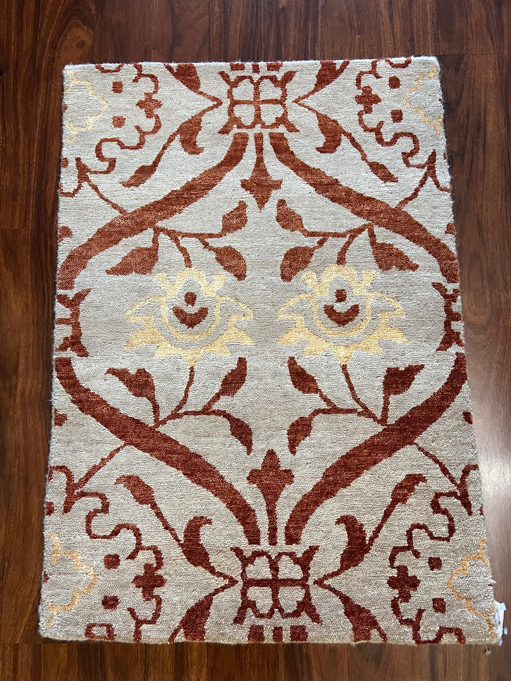 Handmade Light Blue & Burgundy Floral Wool Rug – 2’ × 3’