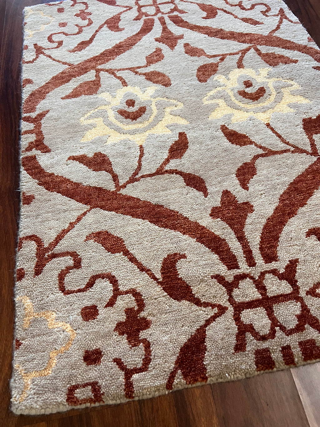 Handmade Light Blue & Burgundy Floral Wool Rug – 2’ × 3’