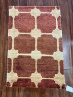 Handmade Burgundy & Ivory Geometric Accent Rug – 2’ × 3’
