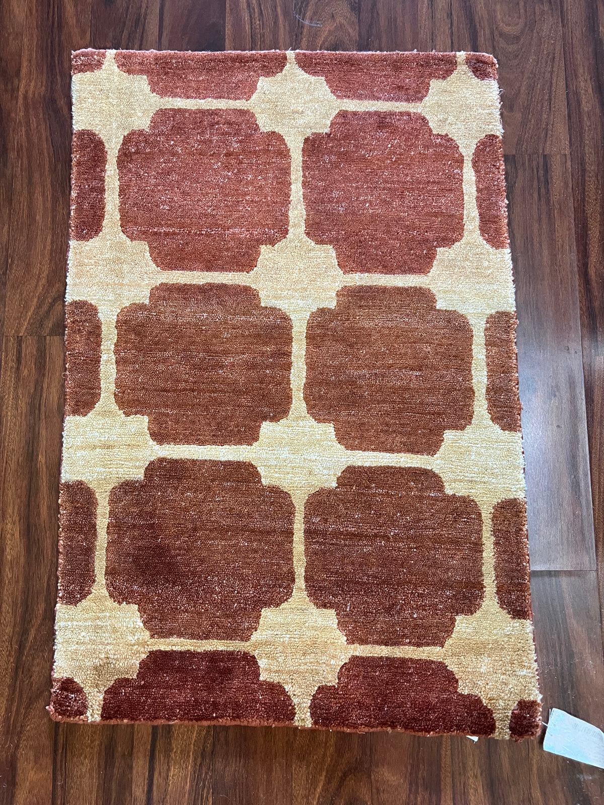 Handmade Burgundy & Ivory Geometric Accent Rug – 2’ × 3’