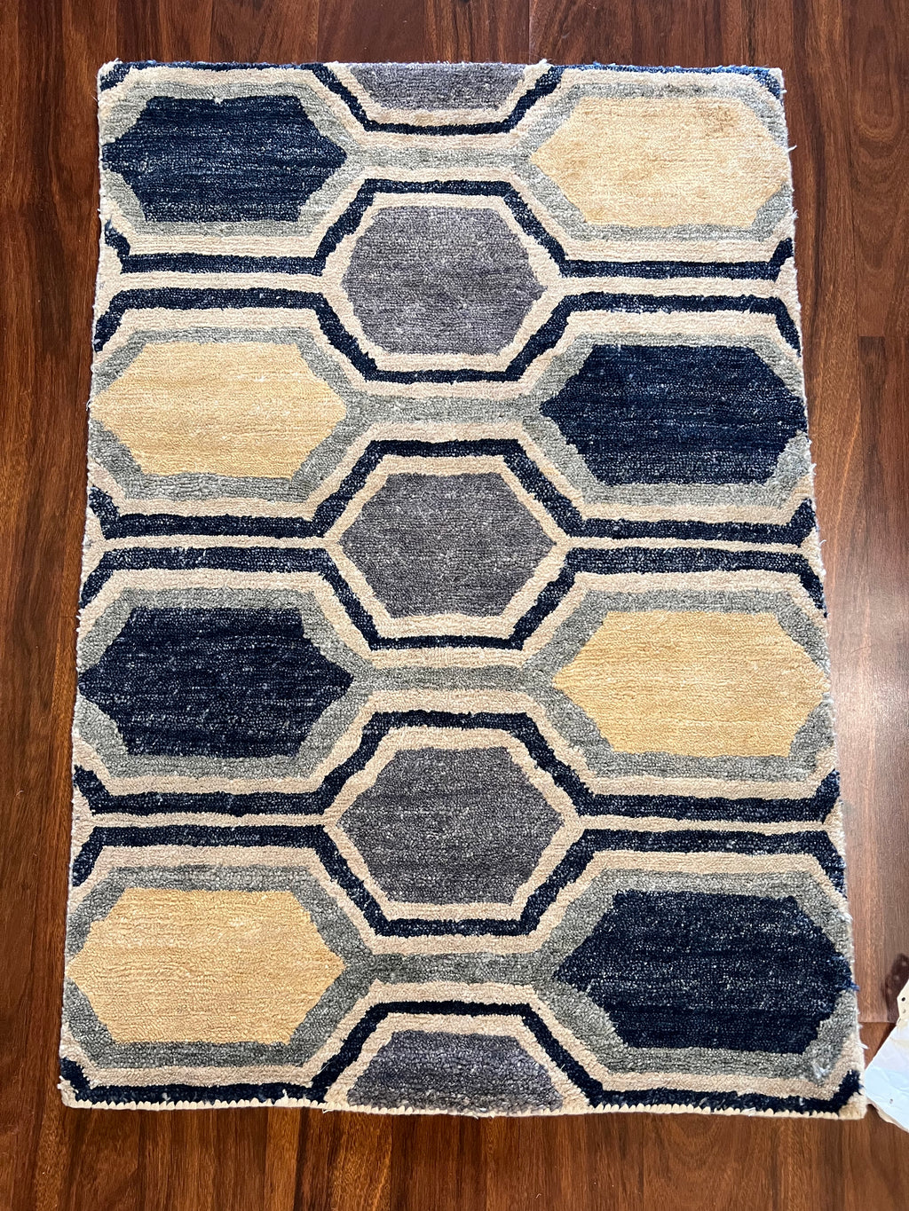 Handmade Navy, Gray & Ivory Hexagon Accent Rug – 2’ × 3’