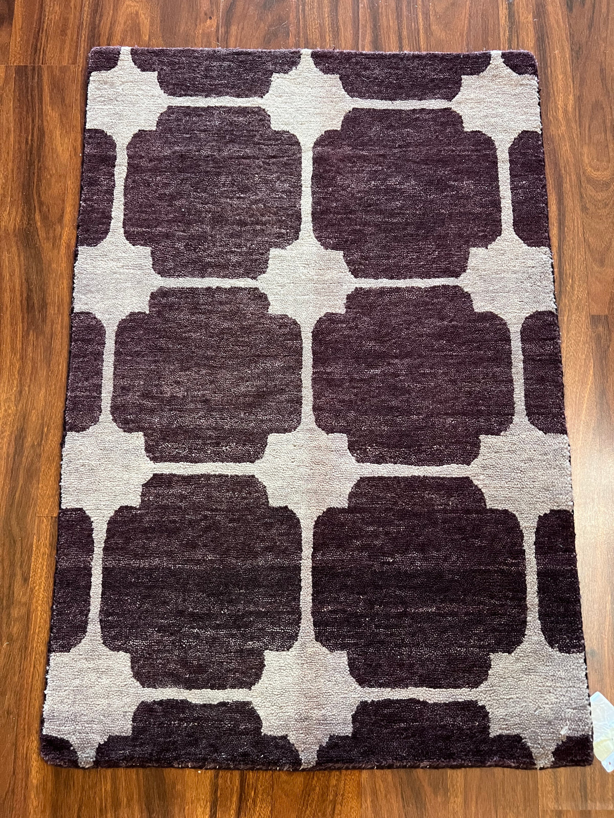 Handmade Purple & Ivory Geometric Wool Accent Rug – 2’ × 3’